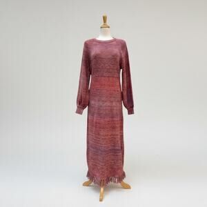 J. Crew Maxi Dress Sz L Pink Space Dyed Knit‎ Fringe Hem Bishop Sleeve NEW